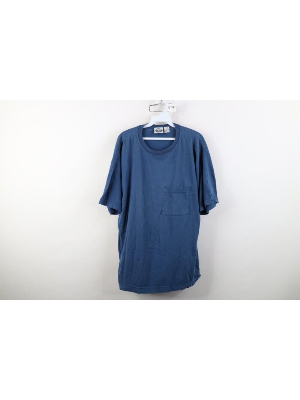 Vintage 90s Streetwear Mens Large Sun Faded Blank Cotton Pocket T-Shirt Blue